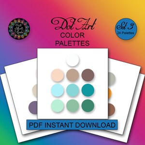 May include: A set of 24 color palettes for dot art, labeled "Dot Art Color Palettes Set 3". Each palette features nine color circles arranged in a pyramid shape, with a white circle at the top.