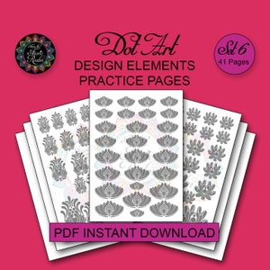 Könnte beinhalten: Ein Satz von 6 druckbaren PDF-Seiten mit 41 Punkt-Design-Elementen. Die Seiten zeigen graue florale Designs auf weißem Hintergrund. Der Text "Dot Art Design Elements Practice Pages Set 6 41 Pages PDF Instant Download" ist auf dem Bild sichtbar.