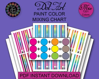 May include: A printable PDF chart for mixing paint colors for dot art. The chart shows a color wheel with 7201 colors and includes instructions for mixing colors.