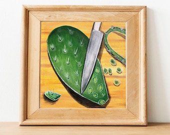 May include: A painting of a prickly pear cactus being cut with a knife. The cactus is green and the knife is silver. The background is yellow.