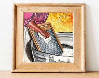 May include: A painting of a person using a washboard to wash clothes in a tub. The person is wearing a pink shirt and the tub is filled with soapy water.