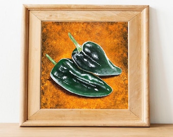 May include: A painting of two green poblano peppers on a textured orange background. The peppers are painted in a realistic style with details of the veins and texture of the peppers.