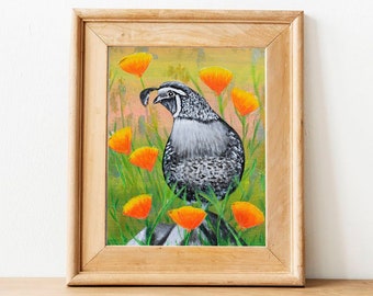 California Quail and Poppies Art, California Art, State Flower, California Wall Art, california state print, poppy art, poppies print, quail