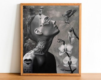 Dreaming Art Print, Woman artwork, Female Empowerment Portrait, Woman Painting, black and white wall art, Woman art print, birds art print