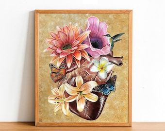 Corazon Fuerte Art Print, Heart with Flowers, Anatomical Heart Art, Floral art print, heart anatomy print, Flowers painting, butterfly art