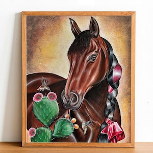 Lámina de La Yegua, Lámina de caballo, Pintura de caballo, Decoración de caballo, Regalo para él, Amante de los caballos, Arte mexicano, Arte de caballo, Pintura de cactus, Cactus