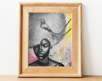 Afro Latina Art Print, Latina with Quetzal, Dark Skin Girl Art, powerful woman, Latin Wall Art, Latina Power, Latinx, Black Latinx Print,