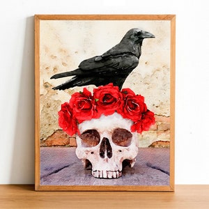 Raven And Skull Art Print, Floral skull, Skull artwork, Horror Wall Art, Halloween art print, Skull art, Raven art, skull painting