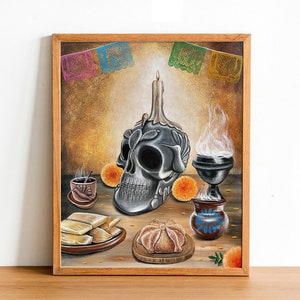 La Ofrenda Art Print, Arte del Día de Muertos, Arte Popular Mexicano, arte de calaveras, arte de caléndula, Pan de muerto, barro mexicano, papel picado, catrina