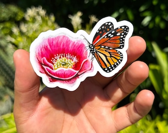 Monarca y flor sticker, Monarch Sticker, pink flower, butterfly sticker, flower sticker, Monarchs, Monarch Butterfly, mexican sticker