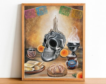 La Ofrenda Art Print, Day of the dead art, Mexican Folk Art, skull art, marigold art, Pan de muerto, barro mexicano, papel picado, catrina