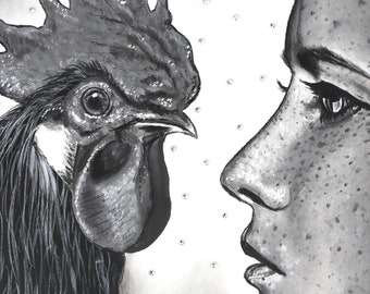 Rooster and woman Art Print, Rooster wall art, Chicken Wall Art, Rooster art Print, Rooster Home Decor, black and white wall art Chicken art