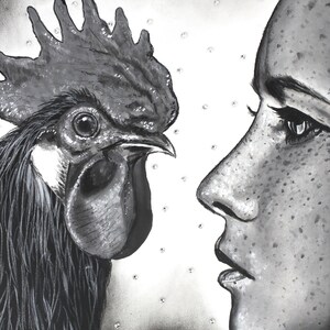 Rooster and woman Art Print, Rooster wall art, Chicken Wall Art, Rooster art Print, Rooster Home Decor, black and white wall art Chicken art