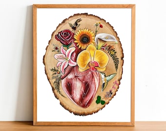 Floreciendo Art Print, Heart Flower Anatomy Print, Anatomical Heart Art, Floral art print, heart anatomy print, flower print, Heart painting