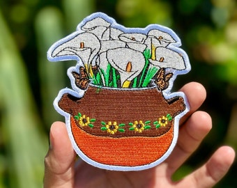 Toppa ricamata Los Alcatraces da stirare, toppa ricamata messicana, toppa del Messico, toppe della cultura ispanica, fiore di calla, barro