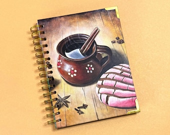 Cafecito Mañanero Spiral Notebook, Hardcover Spiral Notebook, mexican gifts, notebooks, cafecito, pan dulce, mexican pottery