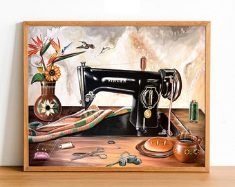 La Maquina de la Abuela Art Print, Sewing Machine, Mexican art, Mexican painting, Mexican decor, mexican gifts, Vintage Sewing art