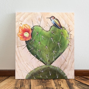 Nopal de Corazon Canvas Print, Arte de Nopal, Pintura de Nopal en forma de corazón, Corazón de Colibrí de Cactus, Desierto y Colibrí, estampado de cactus, cactus