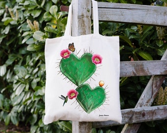 Corazones Espinados Tote Bag, Nopal Art, Heart Shaped cactus, Hummingbird Bag, Desert bag, cactus bag, Plant Lover Gift, shopping bag, cacti