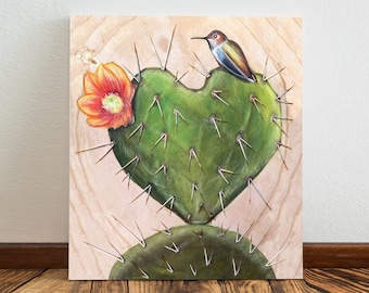 Nopal de Corazon Canvas Print, Nopal Art, Heart Shaped Nopal Painting, Cactus Hummingbird Heart, Desert and Hummingbird, cactus print, cacti