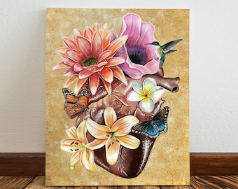 Corazon Fuerte Canvas Print, Heart Shaped Painting, Heart with Flowers, Anatomical Heart Art, Floral art, heart anatomy print, butterfly art