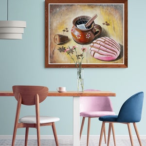 May include: A painting of a steaming cup of coffee with a cinnamon stick, a pink pastry, and star anise on a wooden table.