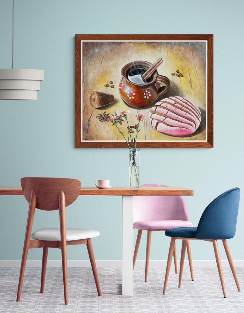 May include: A painting of a steaming cup of coffee with a cinnamon stick, a pink pastry, and star anise on a wooden table.