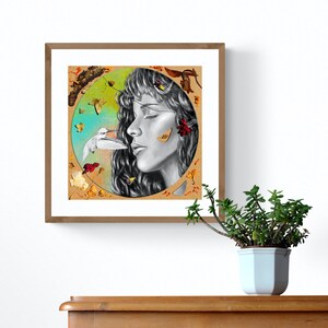 May include: A black and white drawing of a woman's face with her eyes closed. The woman's face is surrounded by a circle of colourful leaves and butterflies. The woman's face is surrounded by a circle of colourful leaves and butterflies.