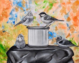 Birds Art Print, Bird wall decor, Bird wall art, Tea time art, Bird Painting, Bird Lovers Gift, colorful wall art
