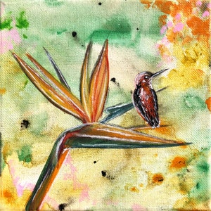 May include: A painting of a bird perched on a bright orange flower with a green and yellow background.