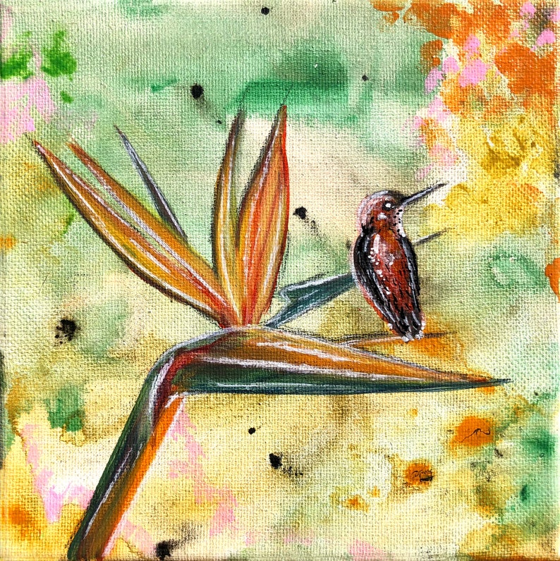 May include: A painting of a bird perched on a bright orange flower with a green and yellow background.