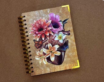 Corazon Fuerte Spiral Notebook, Anatomical Heart Notebook, Hardcover Notebook, Heart with Flowers, Anatomical Heart, heart anatomy