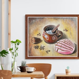 May include: A painting of a brown clay mug with a cinnamon stick and steam coming out of it. The mug is filled with a light brown liquid. There is a pink and white pastry, a brown sugar cane, and star anise on a wooden table.