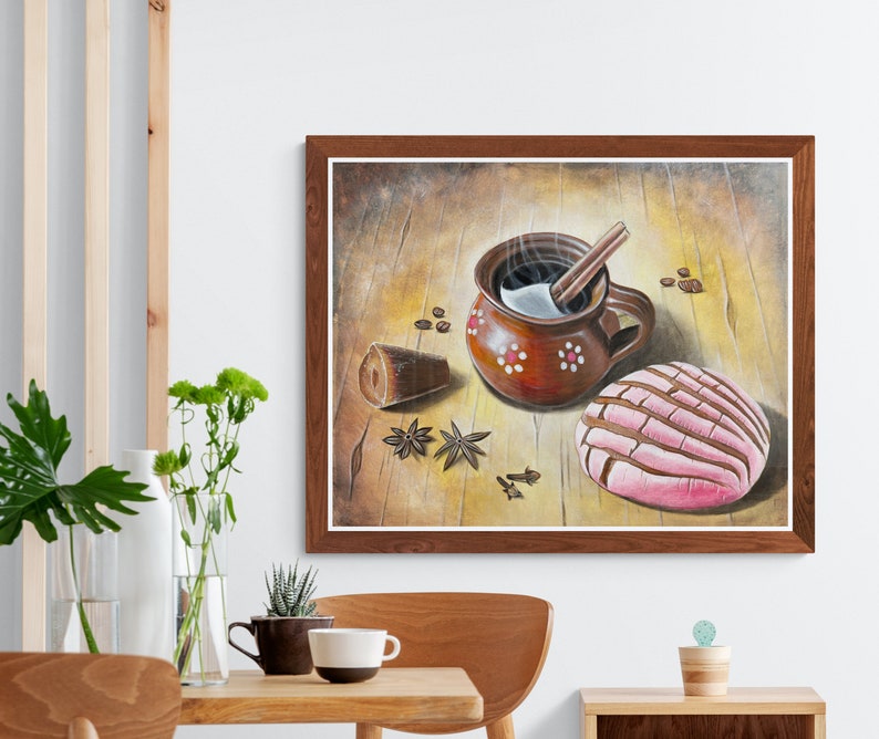 May include: A painting of a brown clay mug with a cinnamon stick and steam coming out of it. The mug is filled with a light brown liquid. There is a pink and white pastry, a brown sugar cane, and star anise on a wooden table.