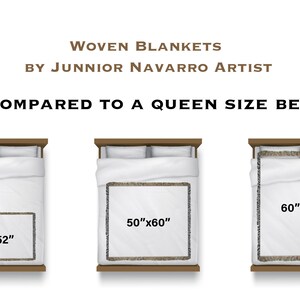 May include: Three woven blankets of different sizes are shown laid out on a bed. The blankets are compared to a queen-sized bed. The smallest blanket is 37 inches by 52 inches, the middle blanket is 50 inches by 60 inches, and the largest blanket is 60 inches by 80 inches.