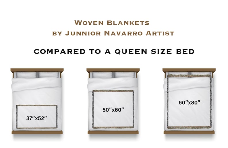 May include: Three woven blankets of different sizes are shown laid out on a bed. The blankets are compared to a queen-sized bed. The smallest blanket is 37 inches by 52 inches, the middle blanket is 50 inches by 60 inches, and the largest blanket is 60 inches by 80 inches.