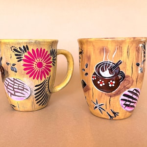 Cafecito y Concha Mug, Hand Painted Pottery Mug, Ceramic Artisanal Mug, Cafe de Olla, Mexican art, Mexican kitchen, mexican gifts