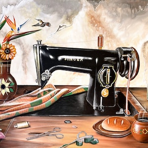 May include: A vintage Singer sewing machine with a spool of thread, a roll of fabric, and a cup of coffee on a wooden table. There is a hummingbird in flight and a vase of flowers in the background.
