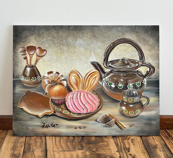 Cafecito Y Pan Dulce Canvas Print, Cafe de Olla, Mexican wall art, mexico art, Mexican decor, mexican gifts, pan dulce, mexican paintings
