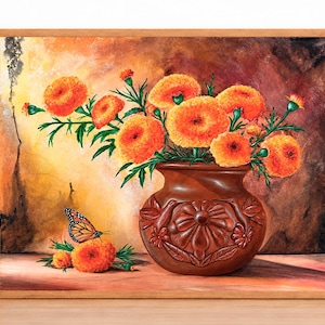 May include: A framed oil painting depicting a brown clay vase with embossed floral patterns filled with bright orange marigold flowers. A monarch butterfly rests on a single marigold flower placed next to the vase against a warm, textured background.
