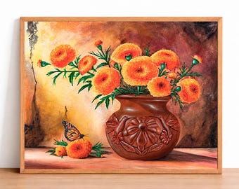 Los Cempasúchiles Art Print, Mexican Folk Art, Dia de los Muertos Wall Art, Marigold Flowers, Mexican Pottery, day of the dead art