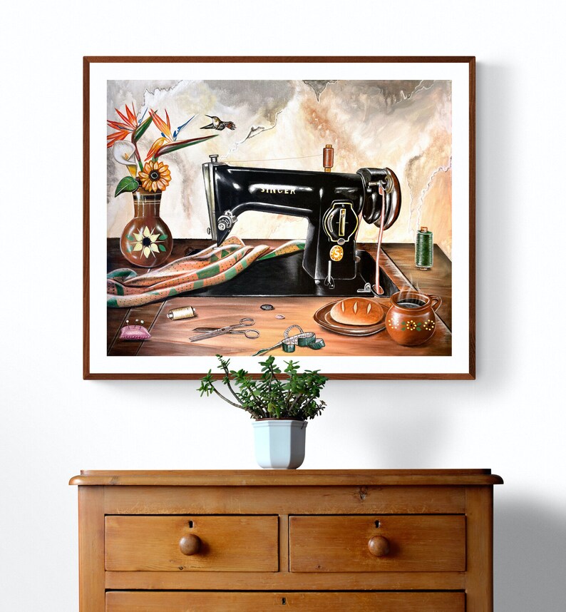 May include: A vintage Singer sewing machine with a wooden table, a vase of flowers, and a loaf of bread. The scene is painted in a realistic style with warm colors.