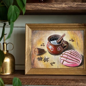 May include: A painting of a brown clay mug with a cinnamon stick and steam coming out of it. The mug is filled with a dark liquid and is sitting on a wooden table with a pink and white concha bread and other spices.