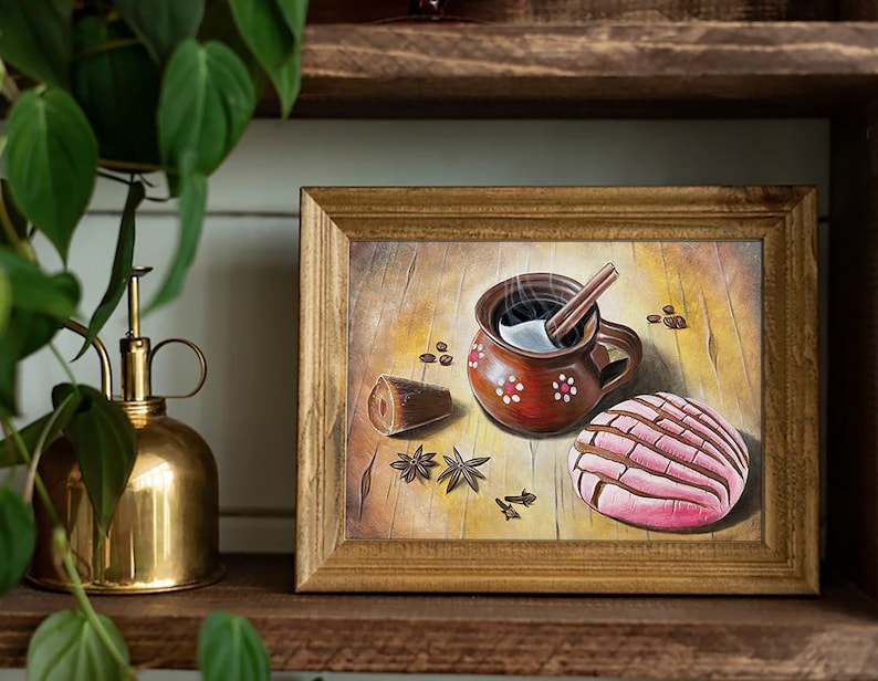 May include: A painting of a brown clay mug with a cinnamon stick and steam coming out of it. The mug is filled with a dark liquid and is sitting on a wooden table with a pink and white concha bread and other spices.