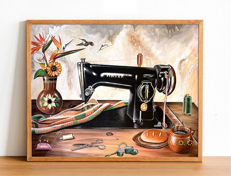 May include: A still life painting of a vintage Singer sewing machine, a vase of flowers, a loaf of bread, and a cup of coffee. The sewing machine is black and has a red thread spool. The vase is brown and has a sunflower design. The bread is brown and crusty. The coffee cup is brown and has a floral design.