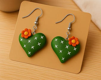 Cactus Heart Earrings, Mexican Earrings, Nopal, mexican jewelry, Mexican art, Latina earrings, cactus earrings, prickle pear cactus