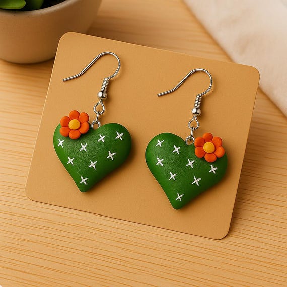 Cactus Heart Earrings, Mexican Earrings, Nopal, mexican jewelry, Mexican art, Latina earrings, cactus earrings, prickle pear cactus