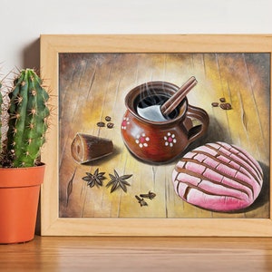May include: A painting of a traditional Mexican clay mug filled with coffee and a cinnamon stick, with steam rising from the mug. The mug is on a wooden table with a pink concha bread, brown sugar, and star anise.