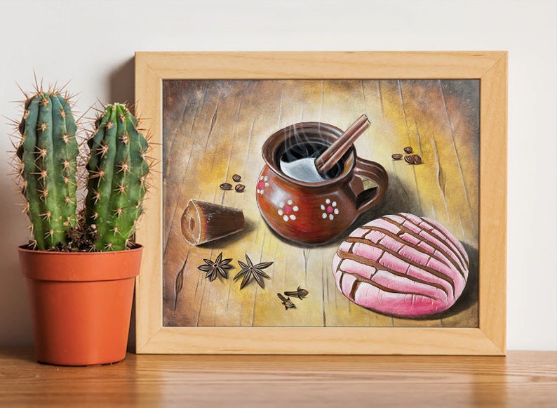 May include: A painting of a traditional Mexican clay mug filled with coffee and a cinnamon stick, with steam rising from the mug. The mug is on a wooden table with a pink concha bread, brown sugar, and star anise.