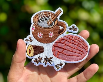 Cafecito Mañanero ferro ricamato su patch, patch messicana ricamata, patch messicana, patch di cultura ispanica, cafe de olla, pan dulce
